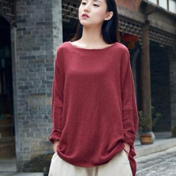 🆕⭐ Wine red oversized linen dolman top - Picture 3 of 4